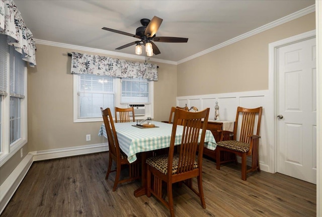 86 Shepherd Ln, Levittown, NY 11756 - dining area with ornamental molding, wood finished floors, ceiling fan, and cooling unit