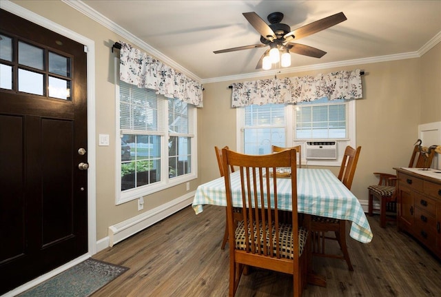 86 Shepherd Ln, Levittown, NY 11756 - dining room featuring a baseboard heating unit, crown molding, cooling unit, wood finished floors, and a ceiling fan