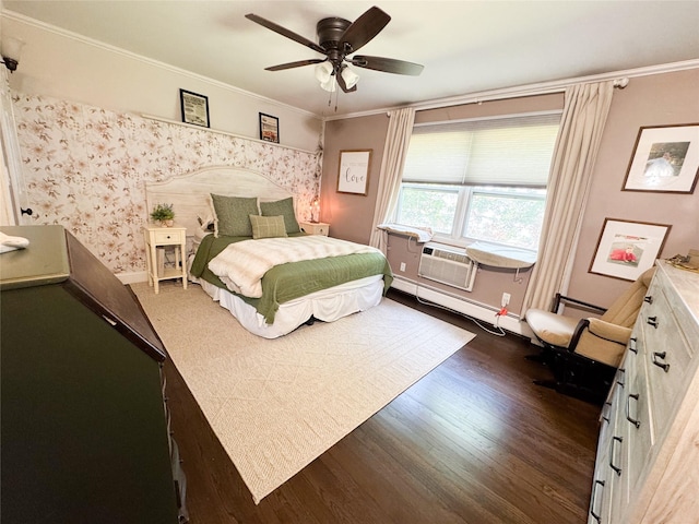 5 Church Ln Unit I, Valley Cottage, NY 10989 - bedroom featuring wood finished floors, ornamental molding, a ceiling fan, cooling unit, and baseboard heating