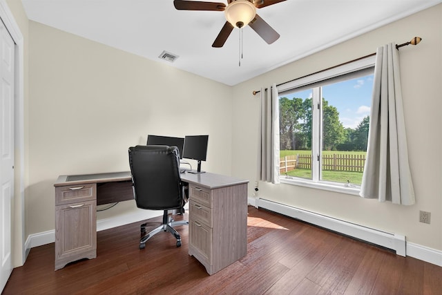 182 Otter Rd, Campbell Hall, NY 10916 - home office with baseboard heating, dark wood finished floors, and a ceiling fan