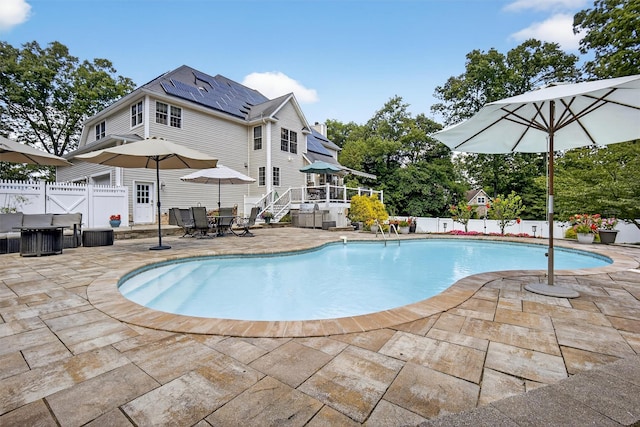 15 E Salem Rd, Fishkill, NY 12524 - view of swimming pool with stairs, a fenced backyard, a patio area, outdoor dining area, and a deck