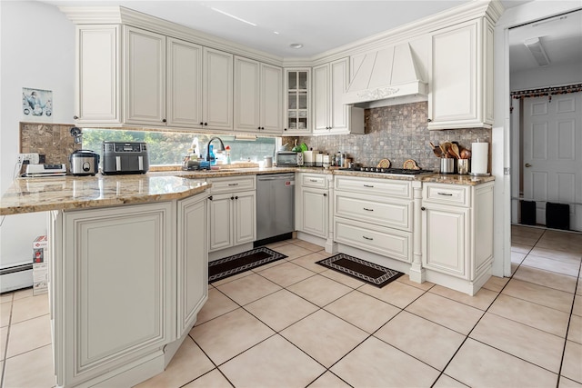 10 Faulkner Ln, Dix Hills, NY 11746 - kitchen with custom exhaust hood, appliances with stainless steel finishes, tasteful backsplash, light tile patterned floors, and glass insert cabinets
