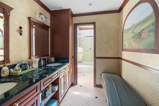 10 Faulkner Ln, Dix Hills, NY 11746 - bathroom featuring double vanity, tile patterned flooring, ornamental molding, enclosed tub / shower combo, and wallpapered walls