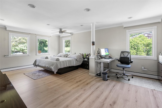10 Faulkner Ln, Dix Hills, NY 11746 - bedroom featuring a baseboard radiator, multiple windows, light wood-type flooring, and crown molding