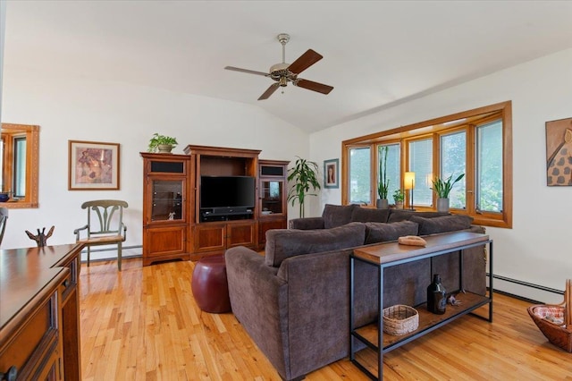 713 Thomas Ave, Baldwin, NY 11510 - living room with a baseboard radiator, vaulted ceiling, baseboard heating, ceiling fan, and light wood-type flooring