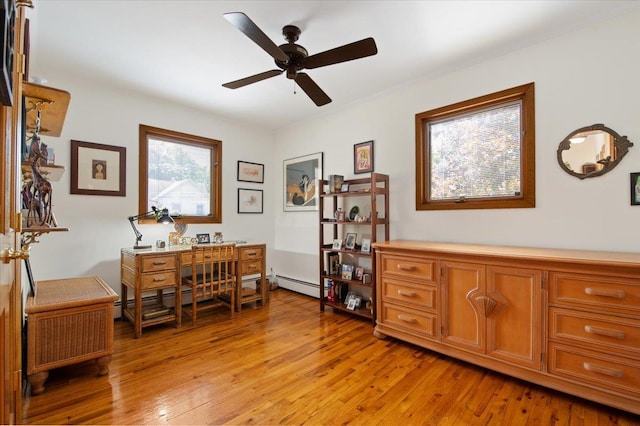 713 Thomas Ave, Baldwin, NY 11510 - home office featuring light wood finished floors, ceiling fan, and a baseboard radiator