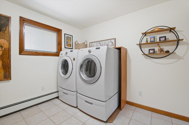 713 Thomas Ave, Baldwin, NY 11510 - laundry room with baseboard heating, washing machine and dryer, and light tile patterned floors