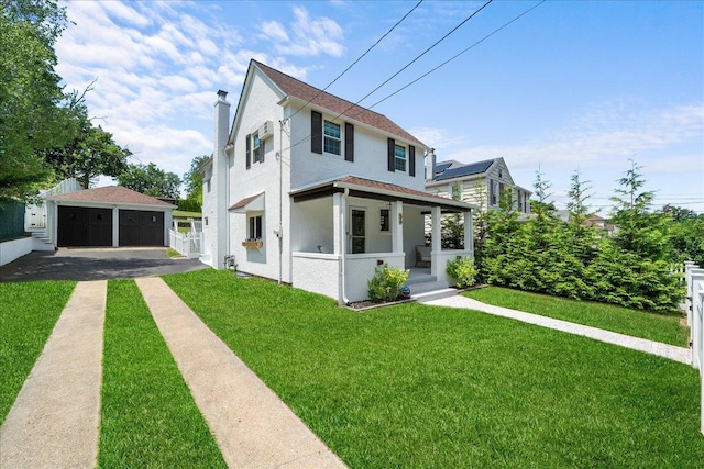 56 Summers St, Oyster Bay, NY 11771 - view of front of property with a porch, an outbuilding, a detached garage, a front lawn, and stucco siding