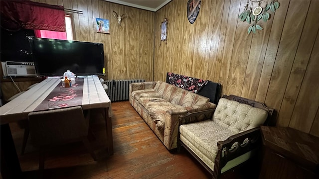 16 Upper Ferndale Rd, Liberty, NY 12754 - living room featuring radiator, hardwood / wood-style flooring, and wooden walls