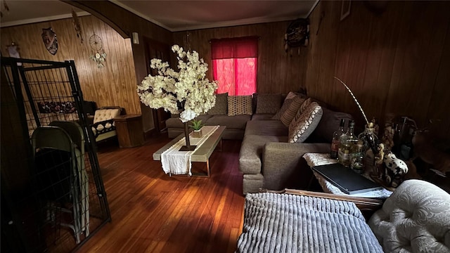 16 Upper Ferndale Rd, Liberty, NY 12754 - living room with wooden walls, wood-type flooring, and arched walkways