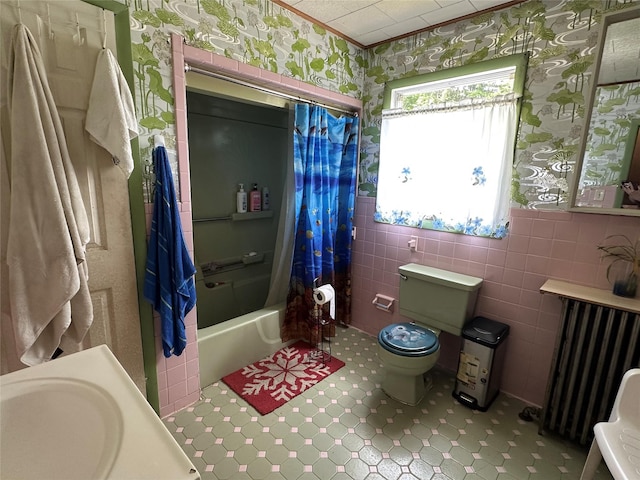 16 Upper Ferndale Rd, Liberty, NY 12754 - full bath featuring wallpapered walls, shower / bath combo with shower curtain, tile walls, and vanity