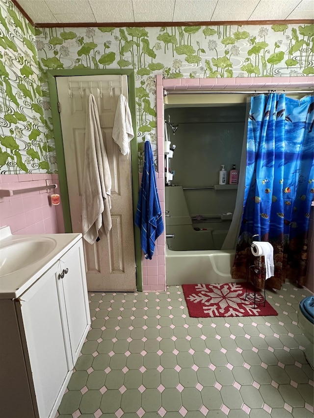 16 Upper Ferndale Rd, Liberty, NY 12754 - bathroom featuring wallpapered walls, vanity, tile patterned floors, and shower / bathtub combination with curtain