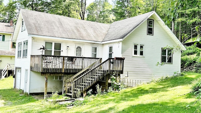 14 Upper Ferndale Rd, Liberty, NY 12754 - rear view of house featuring stairs, a wooden deck, a yard, and roof with shingles