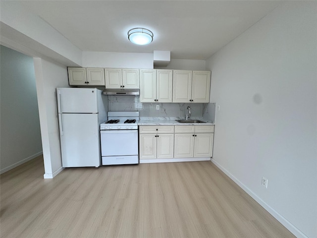 43-53 159th St, Flushing, NY 11358 - kitchen with white appliances, under cabinet range hood, light wood-type flooring, and backsplash