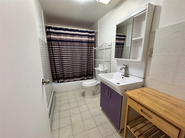 43-53 159th St, Flushing, NY 11358 - bathroom featuring tile patterned flooring, vanity, baseboard heating, and shower / tub combo with curtain