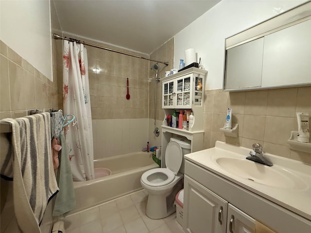43-53 159th St, Flushing, NY 11358 - full bath with tile walls, shower / bathtub combination with curtain, vanity, and tile patterned floors
