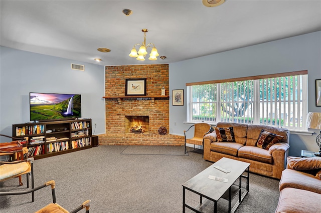 49 Primrose Ln, North Babylon, NY 11703 - carpeted living room featuring a chandelier and a brick fireplace