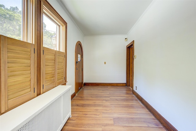 8507 Union Tpke, Glendale, NY 11385 - hall featuring crown molding, light wood-style floors, radiator, and arched walkways