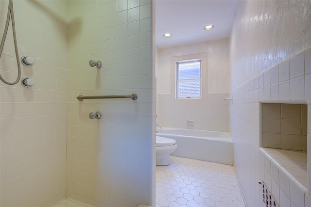 8507 Union Tpke, Glendale, NY 11385 - full bathroom with tile walls, a tile shower, a bath, tile patterned flooring, and recessed lighting