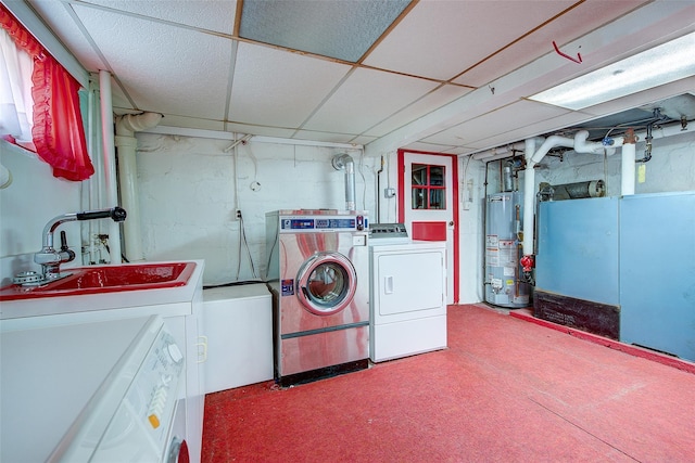 8507 Union Tpke, Glendale, NY 11385 - washroom featuring washer and clothes dryer, water heater, and carpet flooring