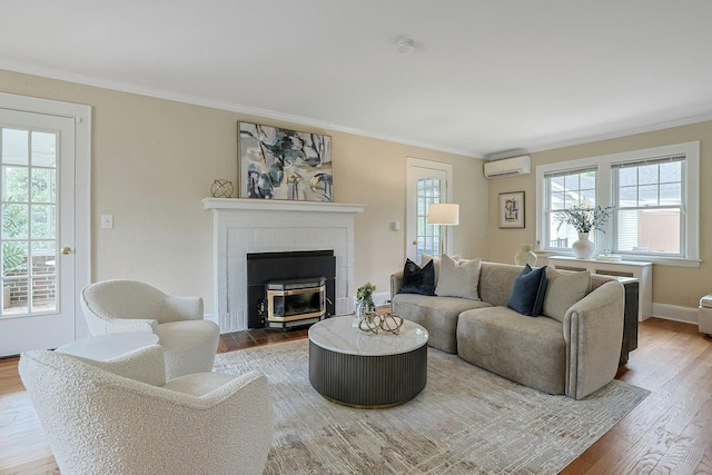 48 Faneuil Pl, New Rochelle, NY 10801 - living room with an AC wall unit, wood finished floors, and crown molding