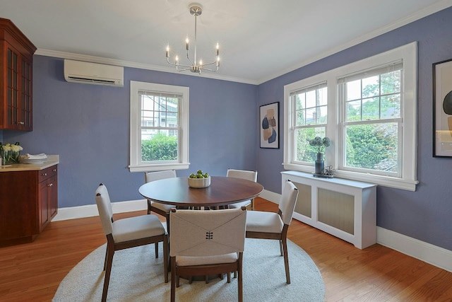 48 Faneuil Pl, New Rochelle, NY 10801 - dining room featuring a wall mounted AC, plenty of natural light, a chandelier, light wood-style floors, and crown molding