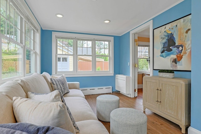 48 Faneuil Pl, New Rochelle, NY 10801 - living room with baseboard heating, crown molding, light wood-style flooring, and recessed lighting