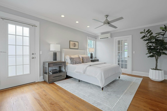 48 Faneuil Pl, New Rochelle, NY 10801 - bedroom with a wall unit AC, wood finished floors, recessed lighting, ornamental molding, and ceiling fan