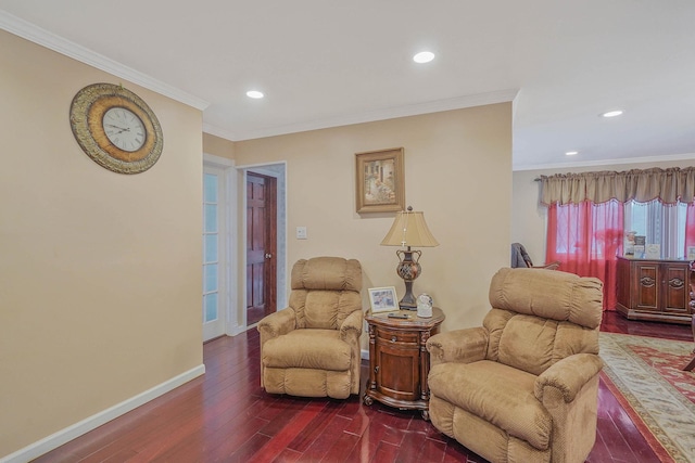 10 Harrison St, Brentwood, NY 11717 - sitting room featuring dark wood-type flooring, ornamental molding, and recessed lighting