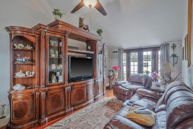 10 Harrison St, Brentwood, NY 11717 - living room featuring ceiling fan, a wall mounted AC, wood finished floors, and lofted ceiling