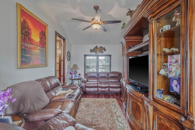 10 Harrison St, Brentwood, NY 11717 - living area featuring a ceiling fan, wood finished floors, and vaulted ceiling