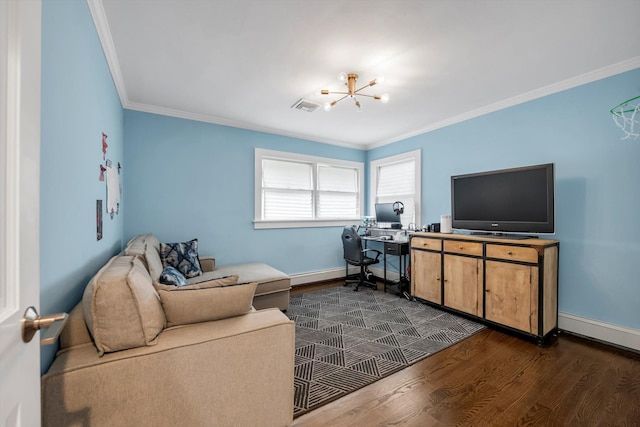 14 Ridge Dr E, Roslyn, NY 11576 - living area with dark wood finished floors, a chandelier, crown molding, and a desk