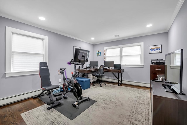 14 Ridge Dr E, Roslyn, NY 11576 - exercise area featuring crown molding, a baseboard heating unit, wood finished floors, and recessed lighting