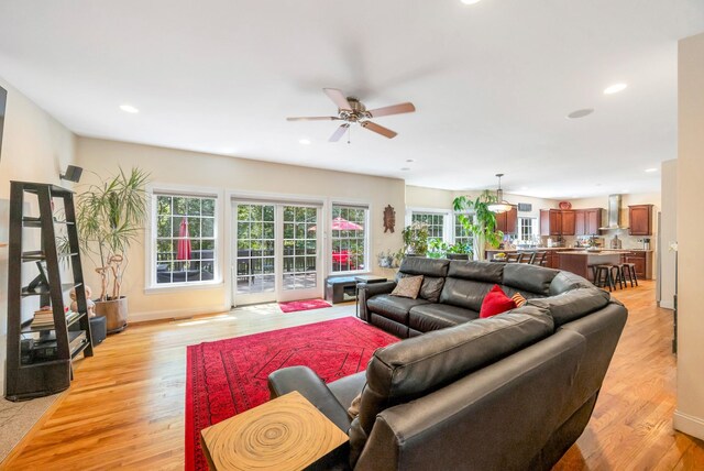 212A Lower Sheep Pasture Rd, East Setauket, NY 11733 - living area with light wood-style floors, a ceiling fan, and recessed lighting