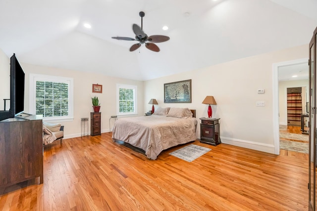 212A Lower Sheep Pasture Rd, East Setauket, NY 11733 - bedroom with light wood-style flooring, lofted ceiling, recessed lighting, and a ceiling fan