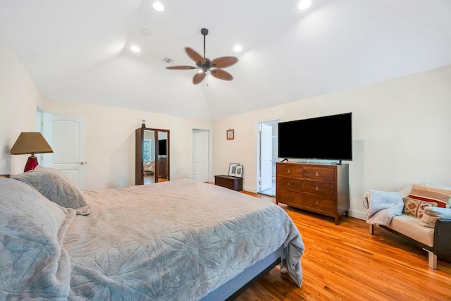 212A Lower Sheep Pasture Rd, East Setauket, NY 11733 - bedroom with light wood-type flooring, recessed lighting, lofted ceiling, and a ceiling fan