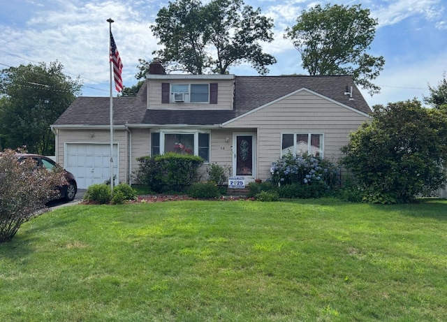 14 Eastwood Dr, North Babylon, NY 11703 - view of front of property with a garage, a front yard, a shingled roof, and a chimney
