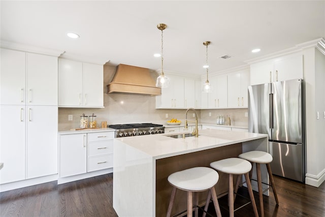 43 Acorn Ln, Plainview, NY 11803 - kitchen with freestanding refrigerator, premium range hood, dark wood-style floors, tasteful backsplash, and light countertops