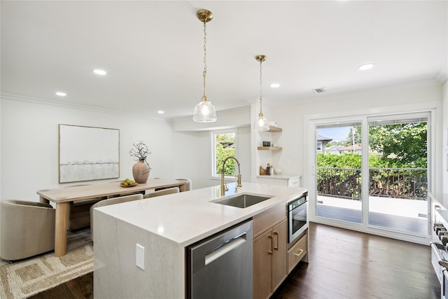 43 Acorn Ln, Plainview, NY 11803 - kitchen featuring appliances with stainless steel finishes, an island with sink, dark wood finished floors, ornamental molding, and pendant lighting