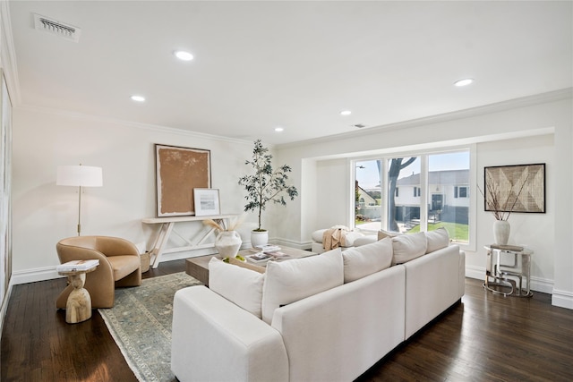 43 Acorn Ln, Plainview, NY 11803 - living room featuring crown molding, recessed lighting, and dark wood-type flooring