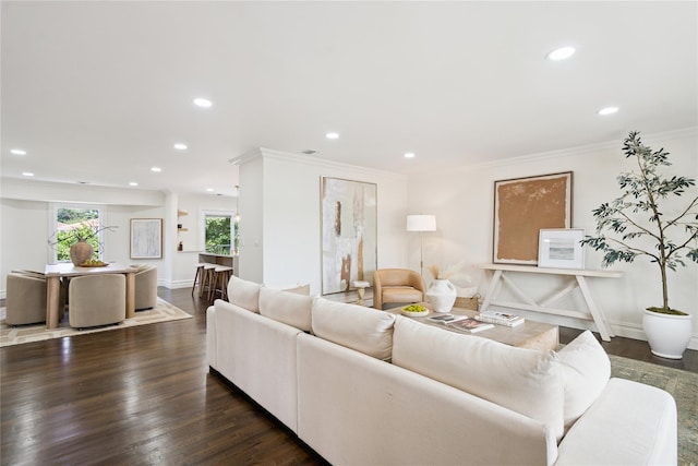 43 Acorn Ln, Plainview, NY 11803 - living room with recessed lighting, dark wood finished floors, and ornamental molding