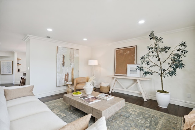 43 Acorn Ln, Plainview, NY 11803 - living room featuring ornamental molding, wood finished floors, and recessed lighting