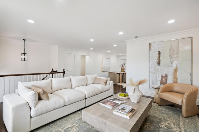 43 Acorn Ln, Plainview, NY 11803 - living room with recessed lighting, crown molding, and wood finished floors