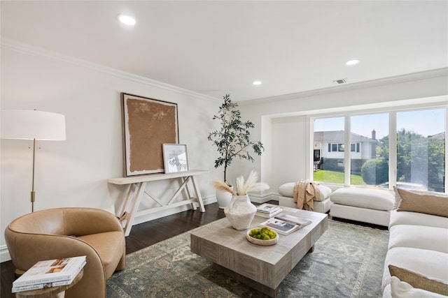 43 Acorn Ln, Plainview, NY 11803 - living area with crown molding, wood finished floors, and recessed lighting