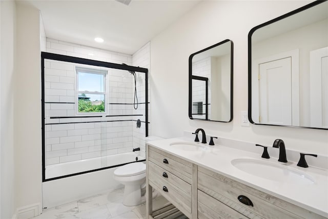 43 Acorn Ln, Plainview, NY 11803 - bathroom with combined bath / shower with glass door, marble look tiles, and double vanity