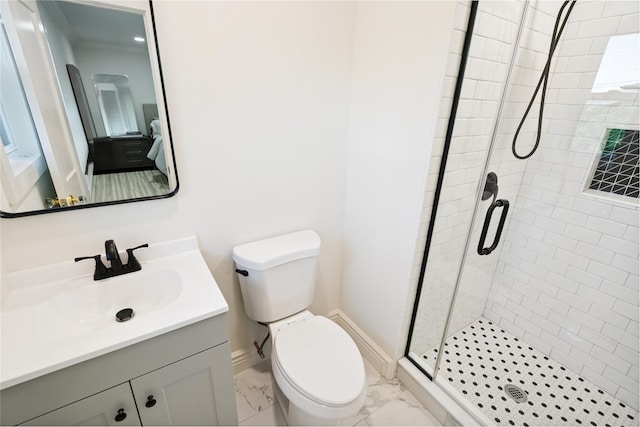 43 Acorn Ln, Plainview, NY 11803 - full bathroom with a stall shower, vanity, and marble look tile flooring