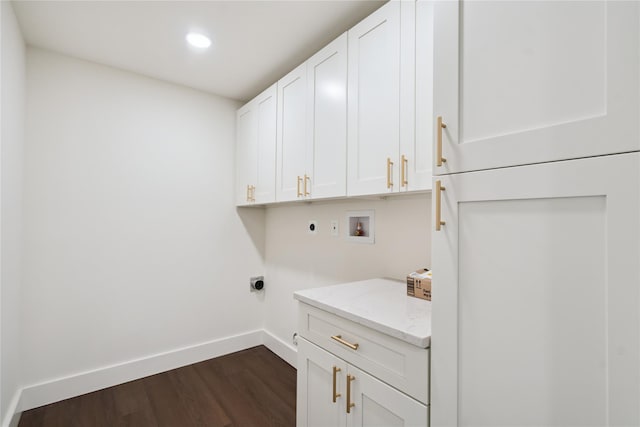 43 Acorn Ln, Plainview, NY 11803 - laundry area featuring electric dryer hookup, cabinet space, hookup for a washing machine, dark wood-style flooring, and recessed lighting