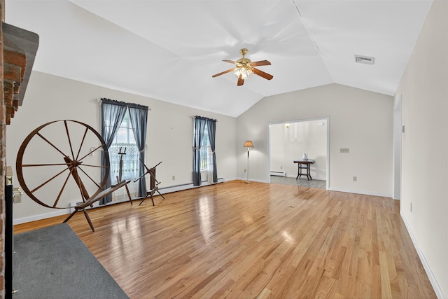 81 Hambletonian Rd, Chester, NY 10918 - unfurnished living room featuring light wood-style flooring, ceiling fan, vaulted ceiling, and baseboard heating
