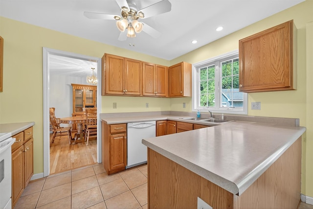 81 Hambletonian Rd, Chester, NY 10918 - kitchen with white dishwasher, a peninsula, light countertops, recessed lighting, and a ceiling fan