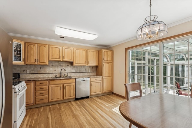 4 Springview Ct, East Patchogue, NY 11772 - kitchen featuring stainless steel dishwasher, white gas range oven, light wood-style floors, crown molding, and decorative backsplash